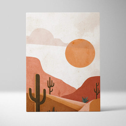 Desert landscape canvas wall art with abstract orange sun and cacti against muted hills.