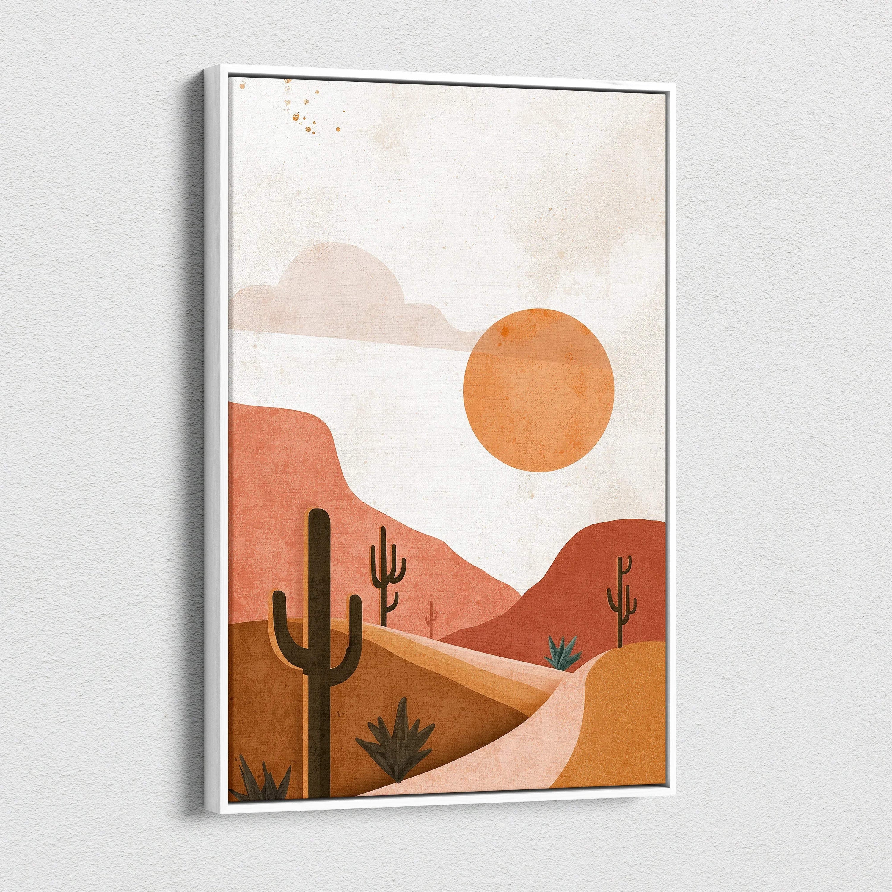 Minimalist desert landscape wall art canvas with warm terracotta tones and cacti silhouette.