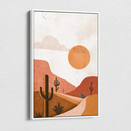 Minimalist desert landscape wall art canvas with warm terracotta tones and cacti silhouette.