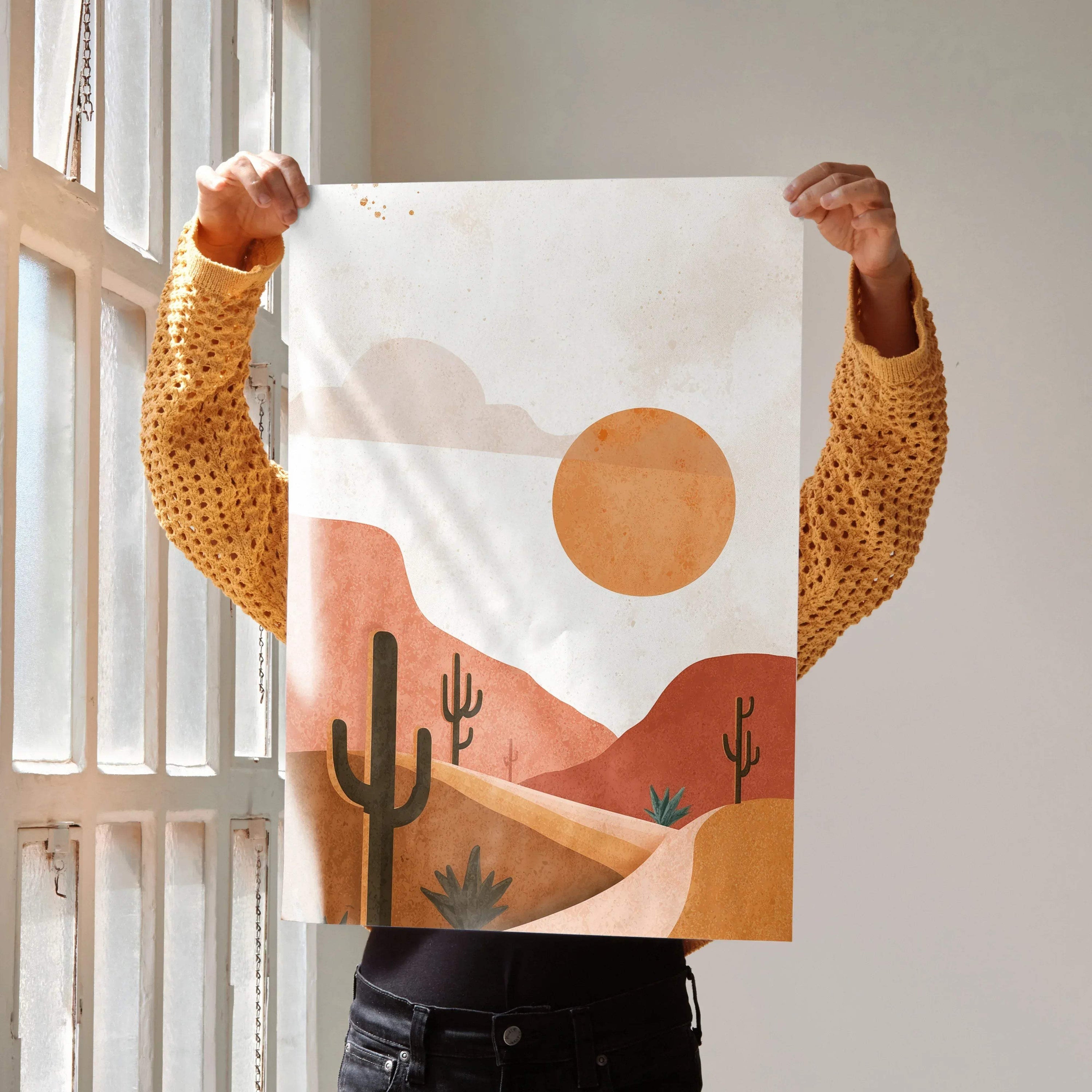 Desert cactus digital art poster featuring warm tones and minimalist landscape wall art.