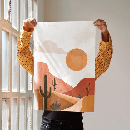 Desert cactus digital art poster featuring warm tones and minimalist landscape wall art.