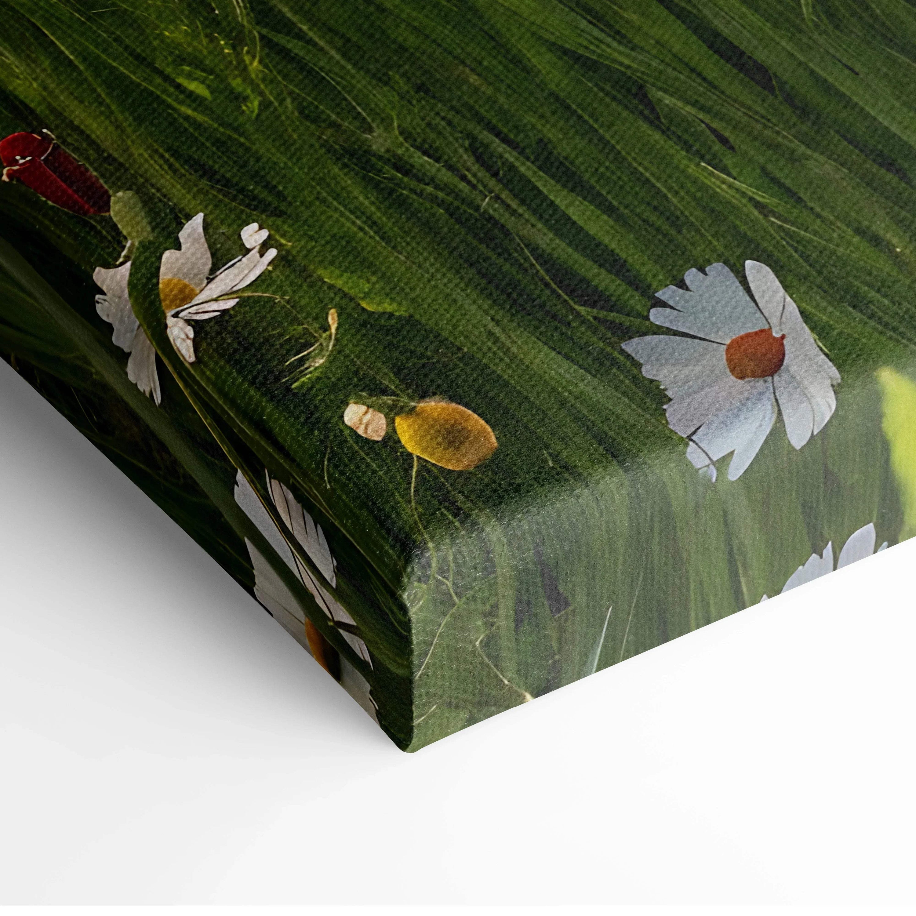 Canvas wall art featuring white daisies and yellow flowers against green grass background.