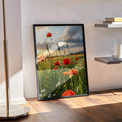 Vibrant floral poster with red poppies and wildflowers under a blue sky, vertical wall art.