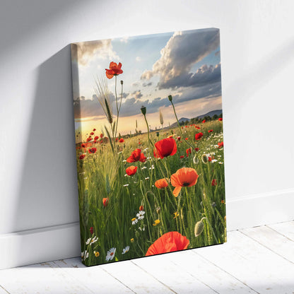 Canvas wall art featuring vibrant red poppies and white daisies under a dramatic sunset sky.