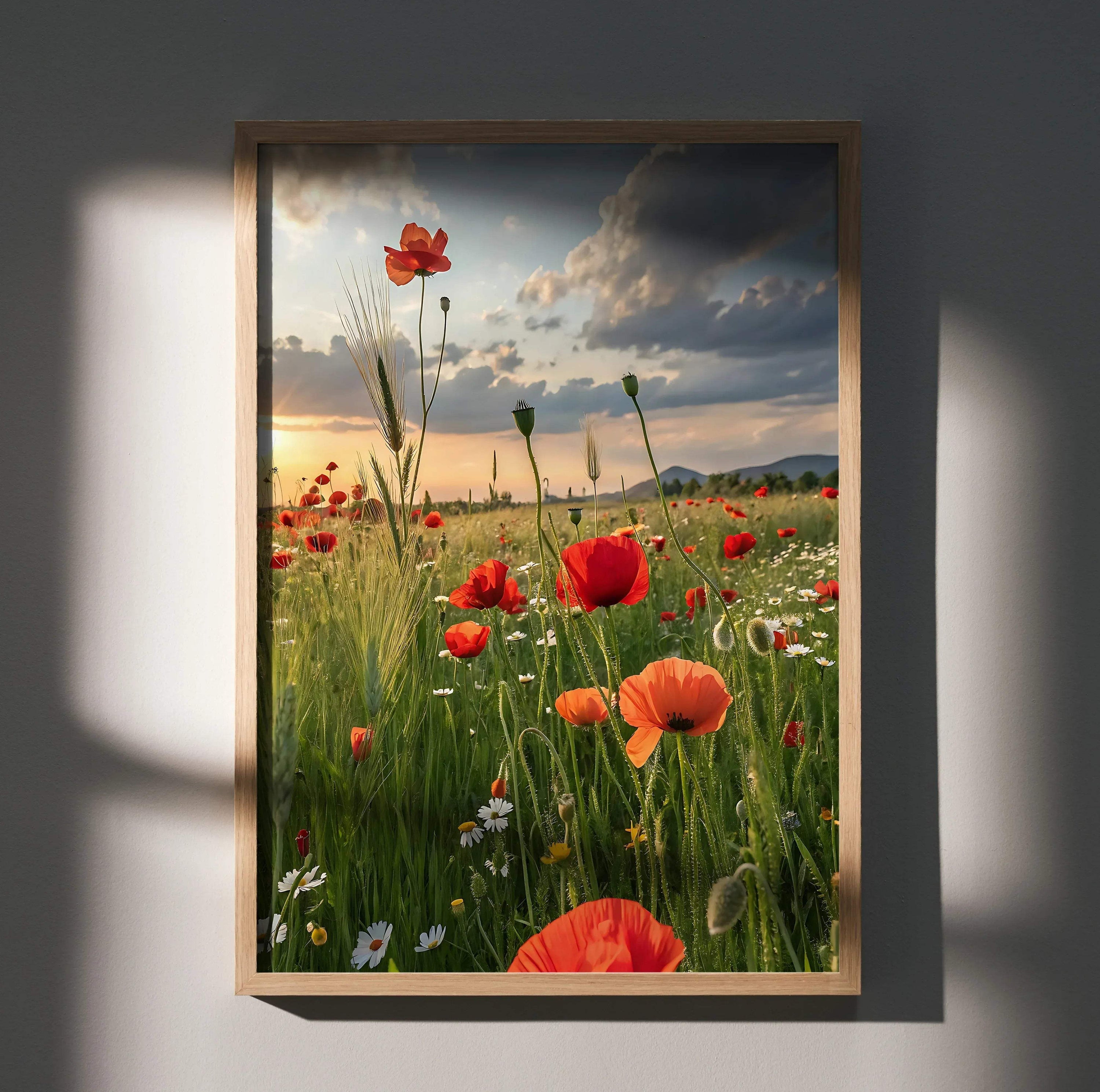 Vibrant floral digital art poster featuring red poppies and wildflowers at sunset, vertical wall art.