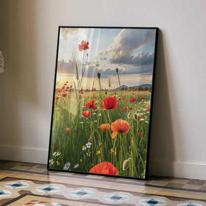 Vibrant floral digital art poster with red poppies and wildflowers under a cloudy sky, vertical wall art.