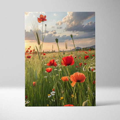 Canvas wall art featuring vibrant red poppies and white wildflowers in a green field under a colorful sunset sky.
