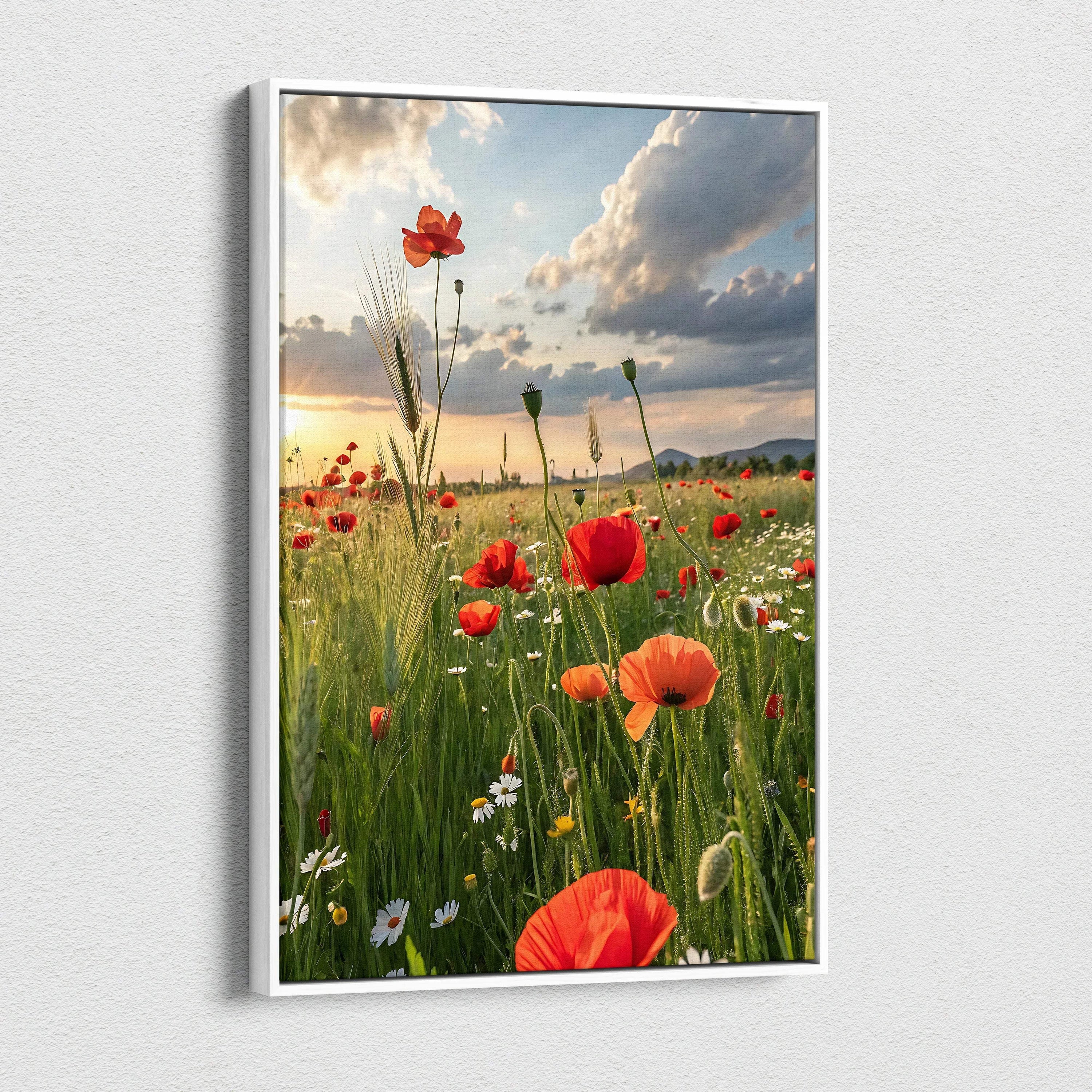 Vertical canvas wall art featuring vibrant red poppies and wildflowers under a dramatic sunset sky.