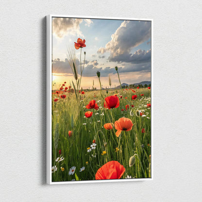Vertical canvas wall art featuring vibrant red poppies and wildflowers under a dramatic sunset sky.