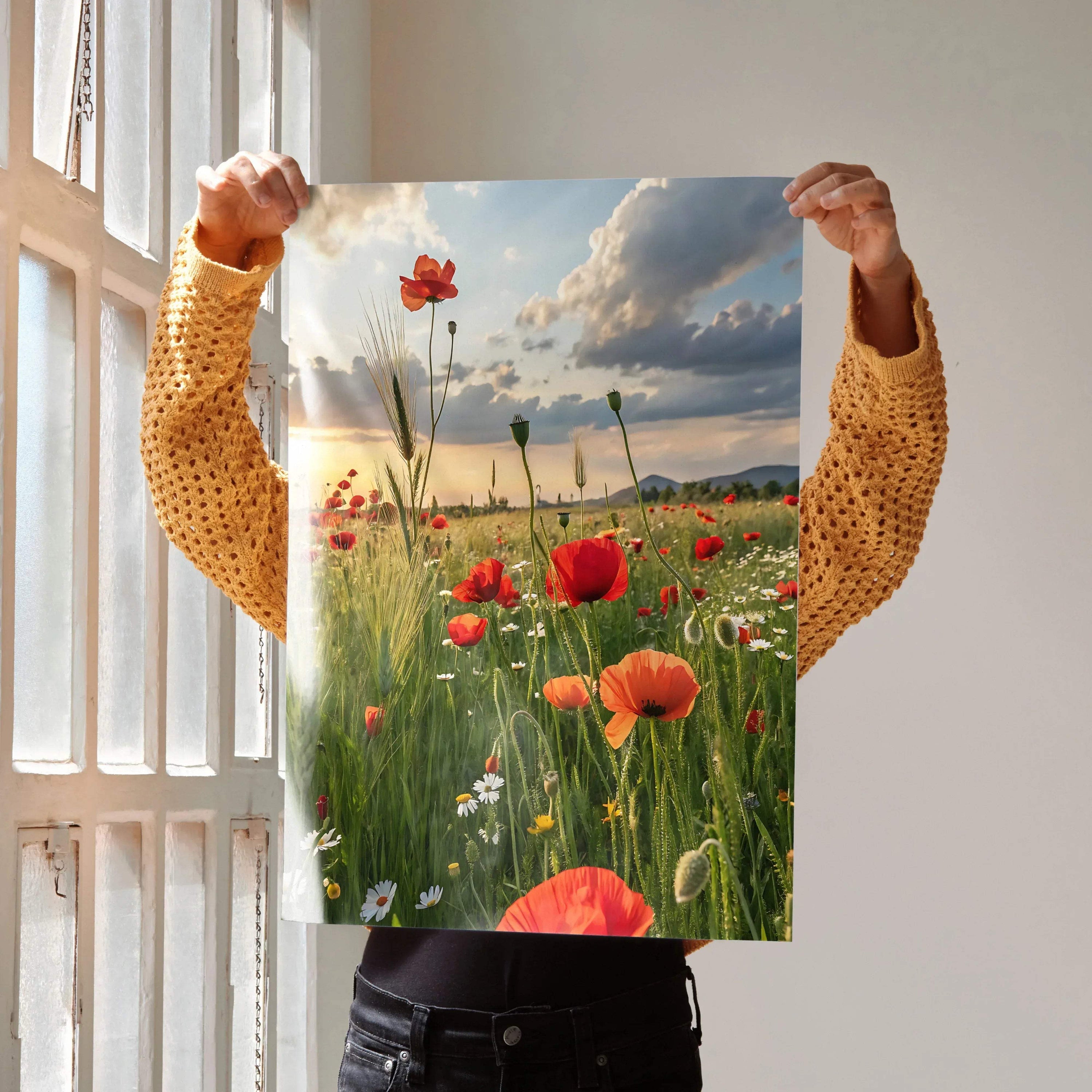 Vertical floral poster featuring vibrant red poppies and wildflowers under a bright sky, wall art for home decor.