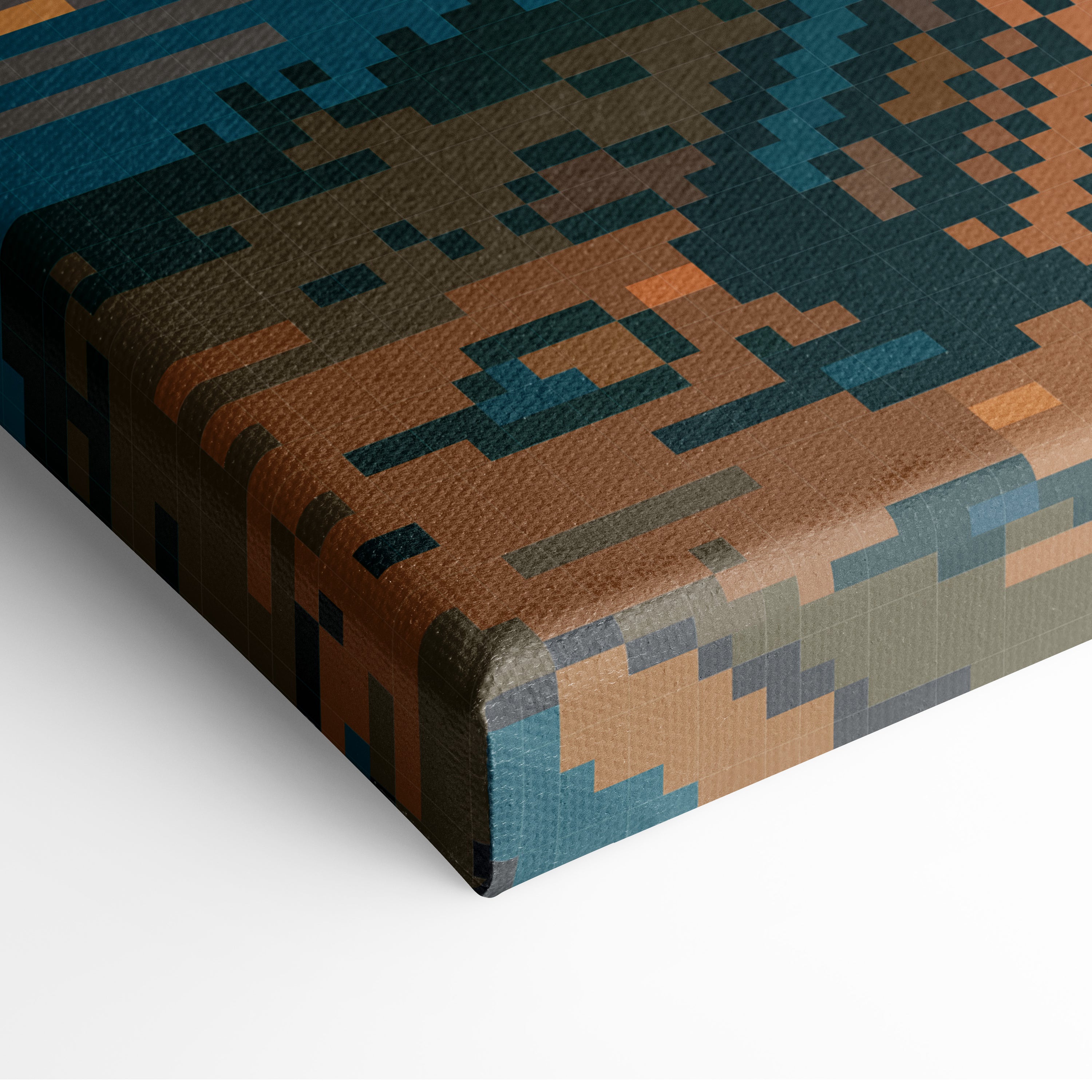 Campfire pixel art canvas print with geometric pattern in brown teal and black retro camping wall decor