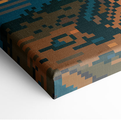 Campfire pixel art canvas print with geometric pattern in brown teal and black retro camping wall decor