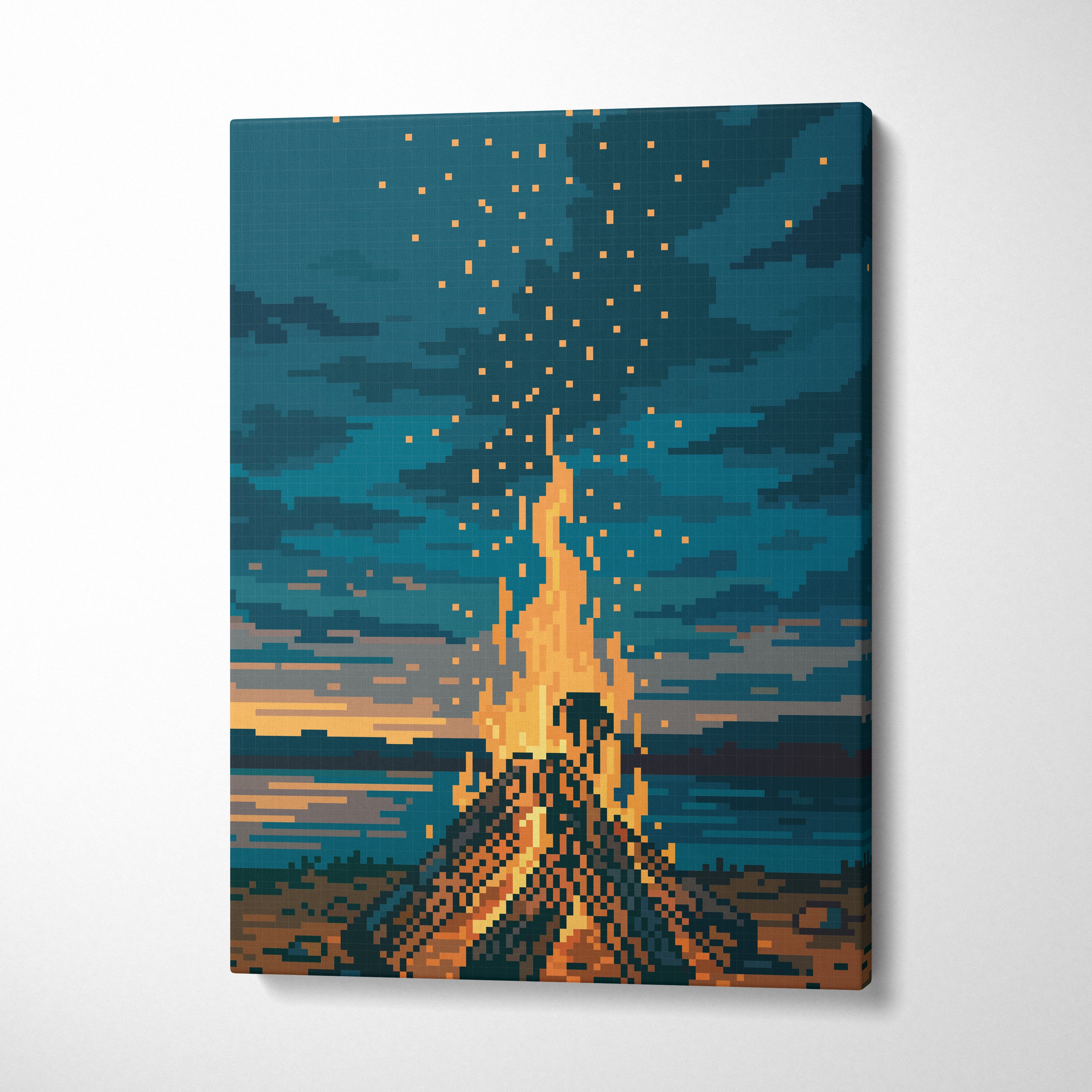 Campfire pixel art canvas print of orange and blue forest night with cozy campfire under starry sky wall art