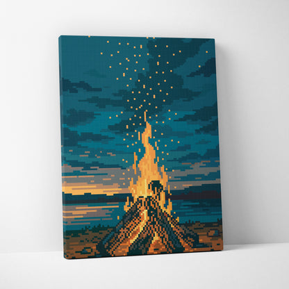 Campfire pixel art canvas print showing an orange and blue campfire in a forest under a starry night sky