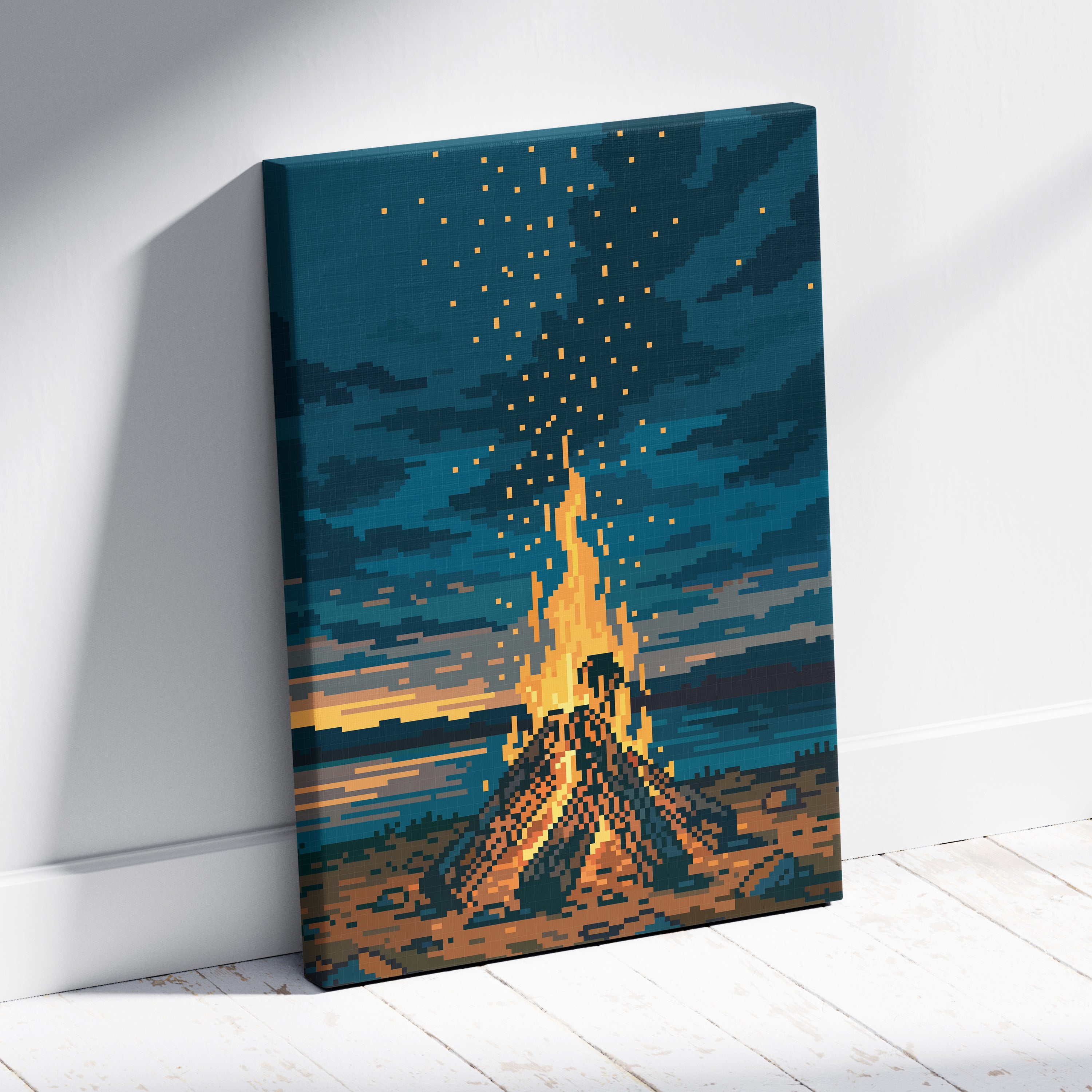 Campfire pixel art canvas print with glowing orange and teal campfire under starry night on stretched fabric wall art