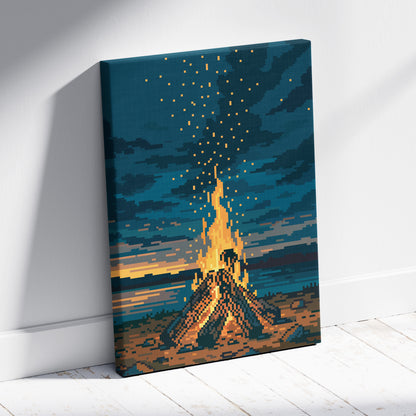 Campfire pixel art canvas print with glowing orange and teal campfire under starry night on stretched fabric wall art