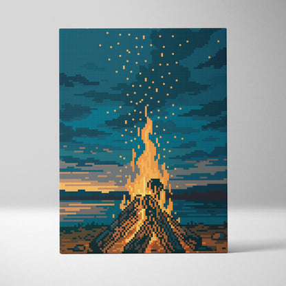 Campfire pixel art canvas print featuring orange and blue forest night scene for cozy camping wall decor