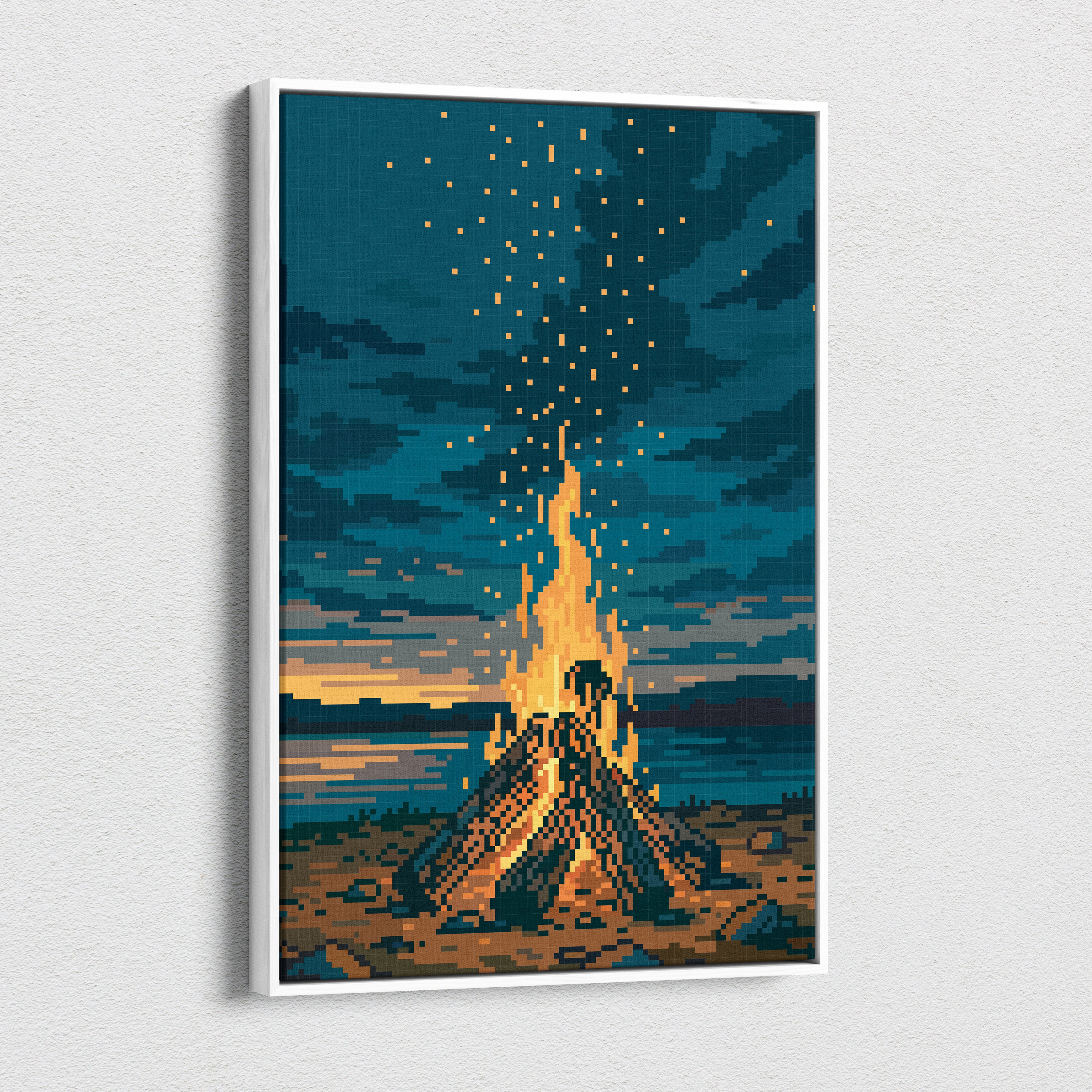Campfire Pixel Art Canvas Print, Orange Blue Forest Night Wall Art