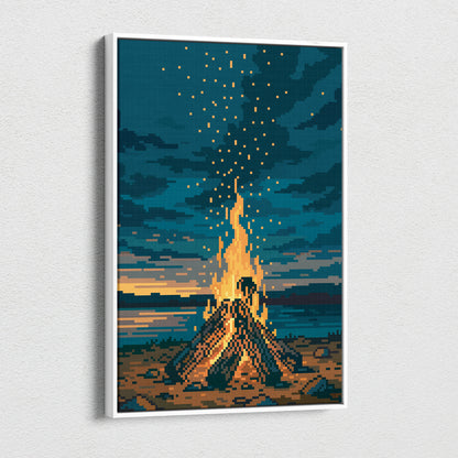 A framed pixel art canvas print of a glowing orange campfire under a blue starry night sky for cozy camping decor