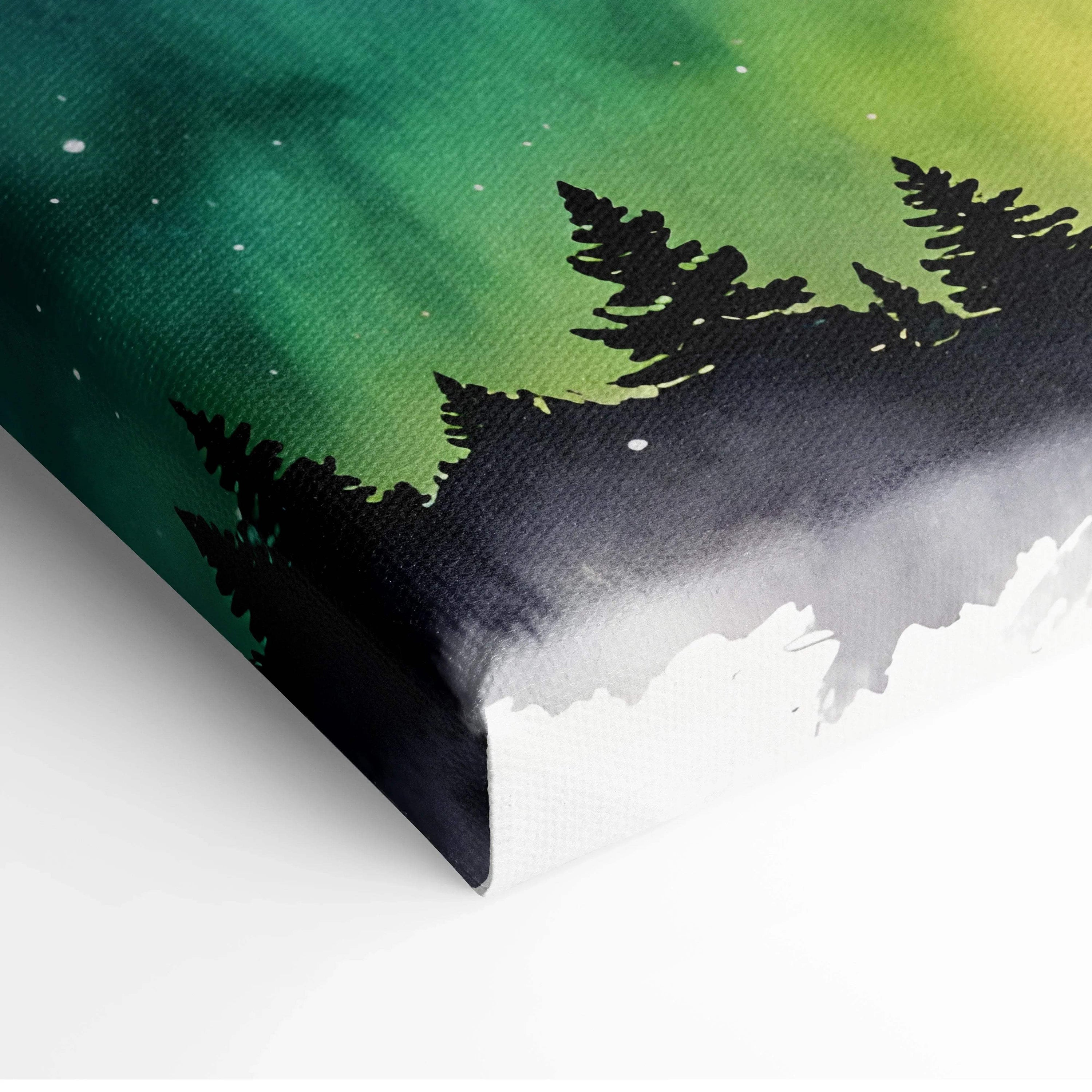 Canvas wall art featuring watercolor night sky with green and blue tones and black silhouetted pine trees.