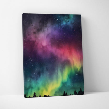 Vertical canvas wall art featuring vibrant watercolor night sky with aurora borealis and silhouetted trees.