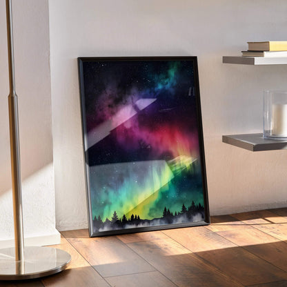 Vertical watercolor style night sky poster with vibrant aurora and silhouetted forest wall art.