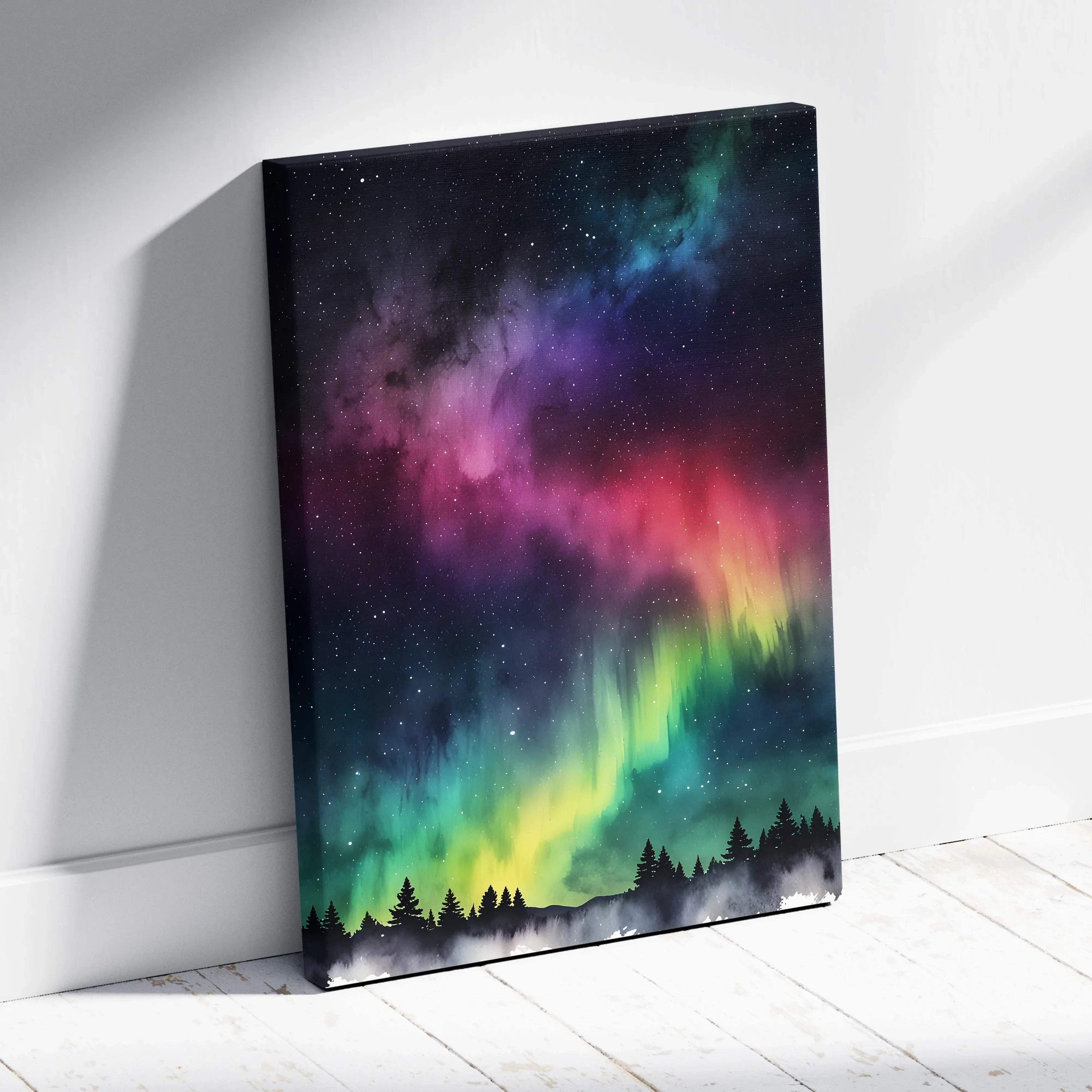 Vertical canvas wall art featuring vibrant watercolor night sky with aurora and silhouetted trees.