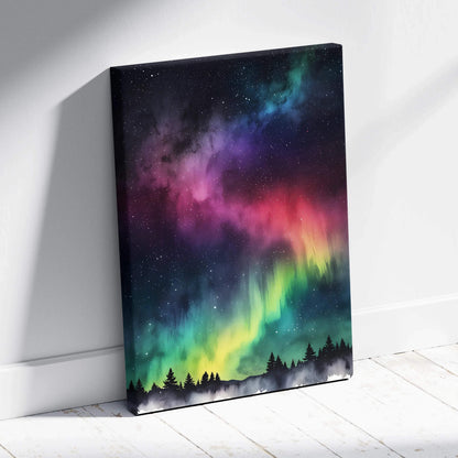 Vertical canvas wall art featuring vibrant watercolor night sky with aurora and silhouetted trees.