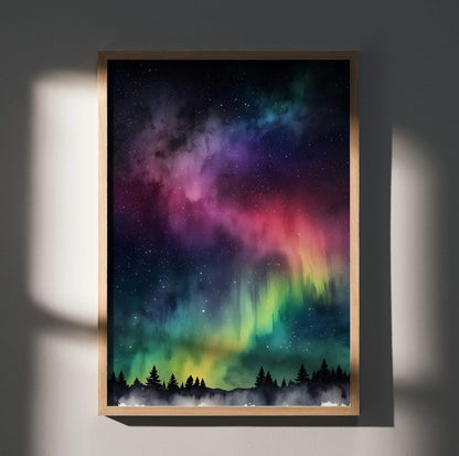 Watercolor style night sky poster with colorful northern lights and silhouetted forest wall art.
