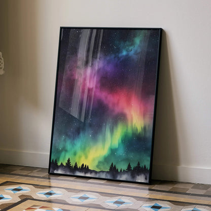 Watercolor style night sky nature art poster with colorful northern lights and pine silhouette wall art.