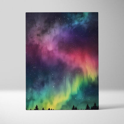 Vertical canvas wall art featuring vibrant night sky watercolor with aurora and star details.