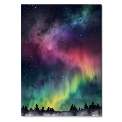 Vertical watercolor style night sky art poster with colorful aurora and silhouetted trees.