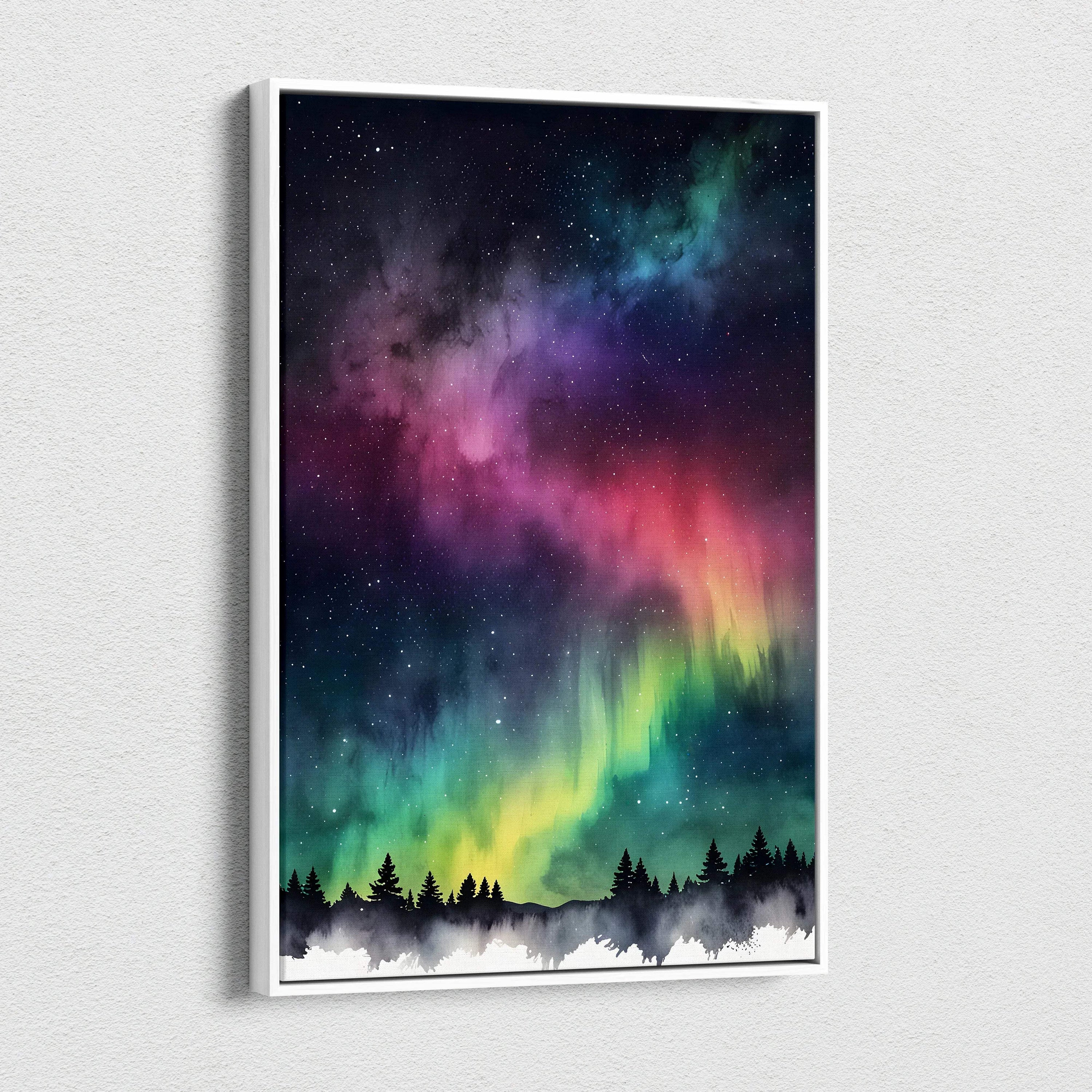 Vertical watercolor canvas wall art featuring a vibrant night sky with aurora borealis over silhouetted trees.