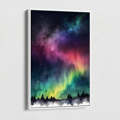 Vertical watercolor canvas wall art featuring a vibrant night sky with aurora borealis over silhouetted trees.
