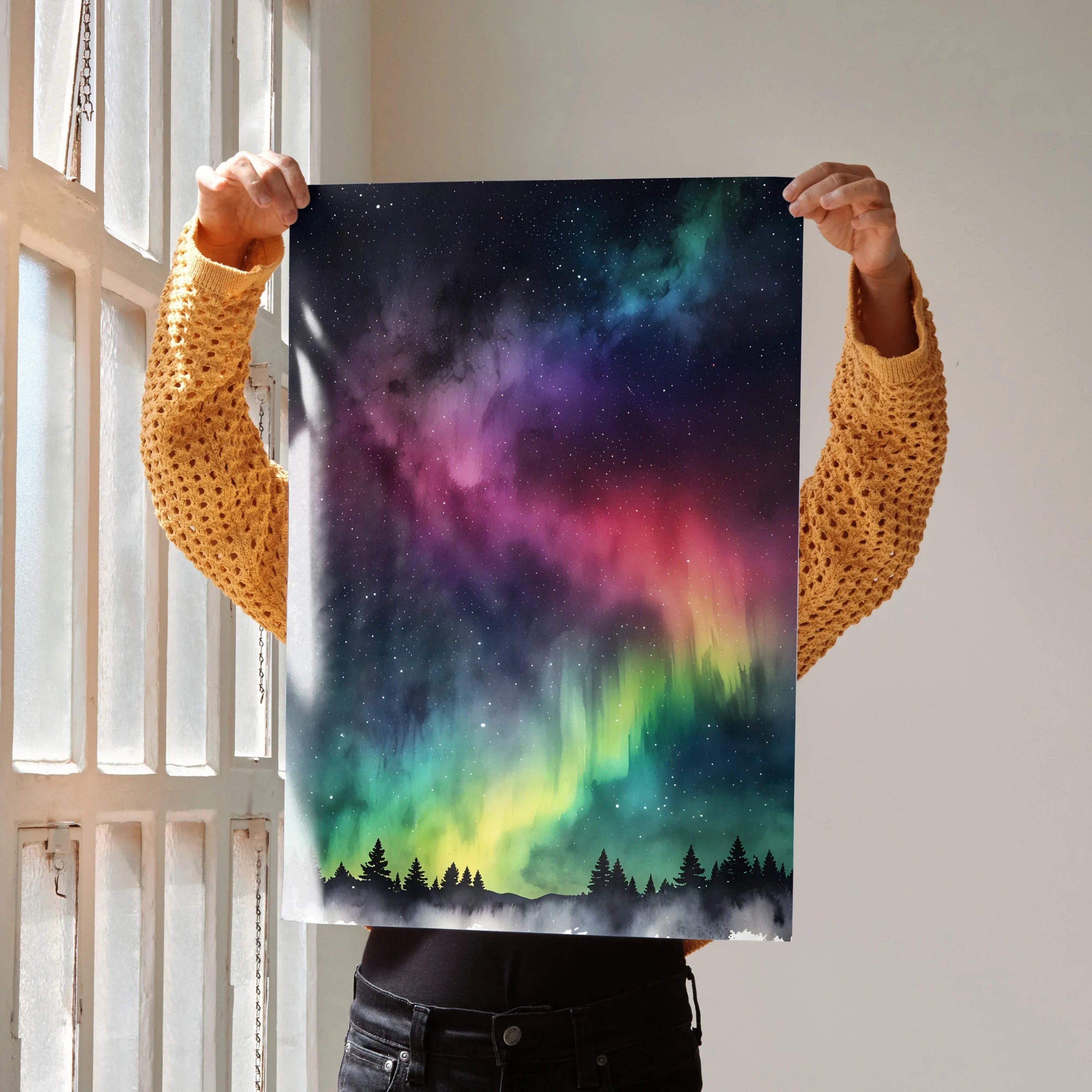 Vertical watercolor style night sky poster with vibrant aurora and forest silhouette wall art.
