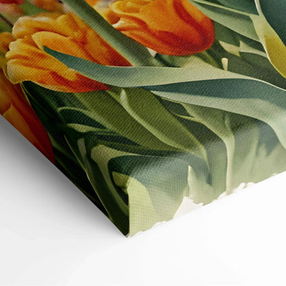 Close-up of vibrant watercolor floral canvas wall art with orange tulips and green leaves.