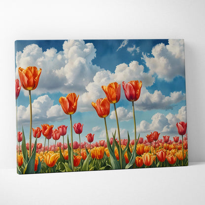 Colorful watercolor tulip field with blue sky and fluffy white clouds on canvas wall art.
