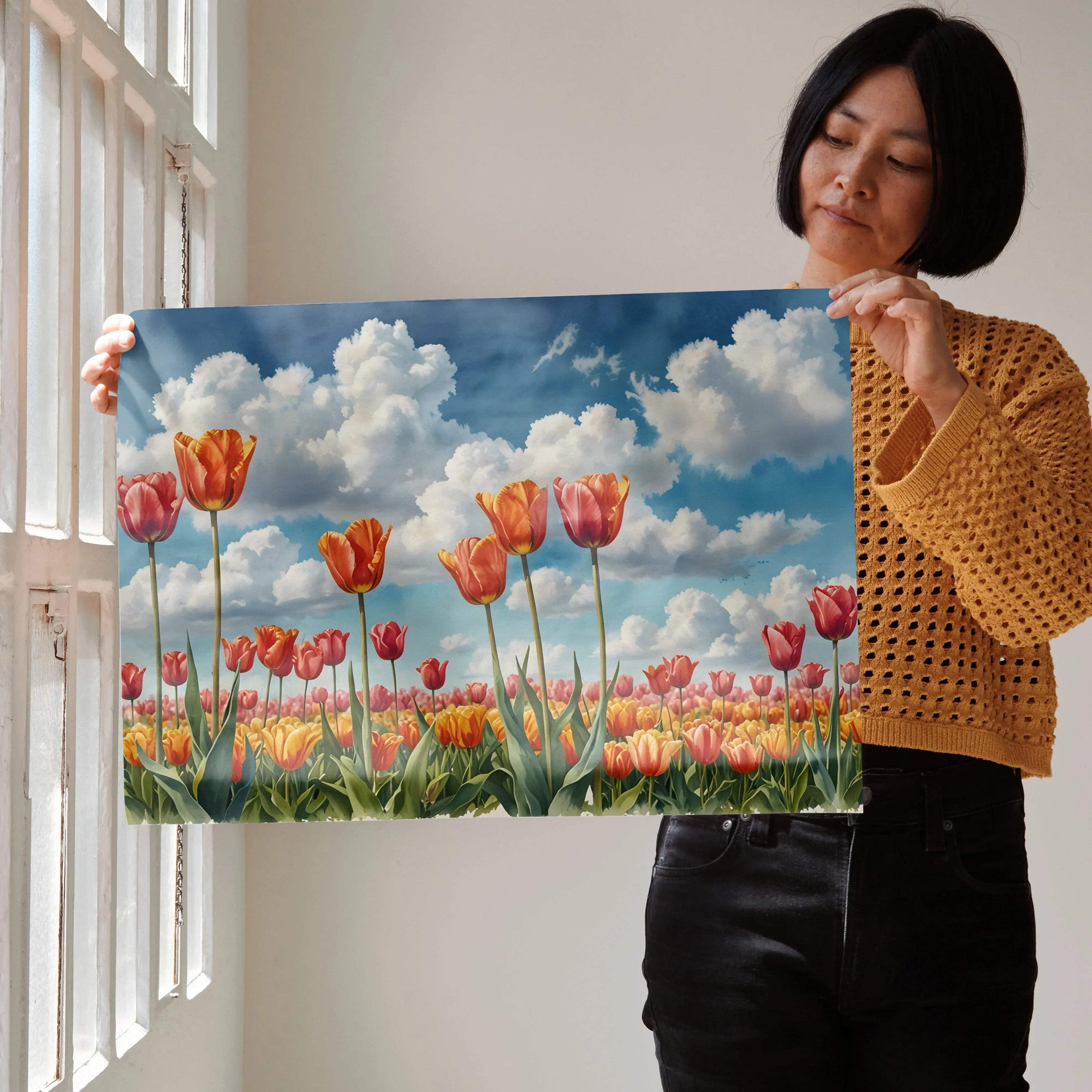 Vibrant watercolor floral poster with red and orange tulips against a blue sky, wall art print.