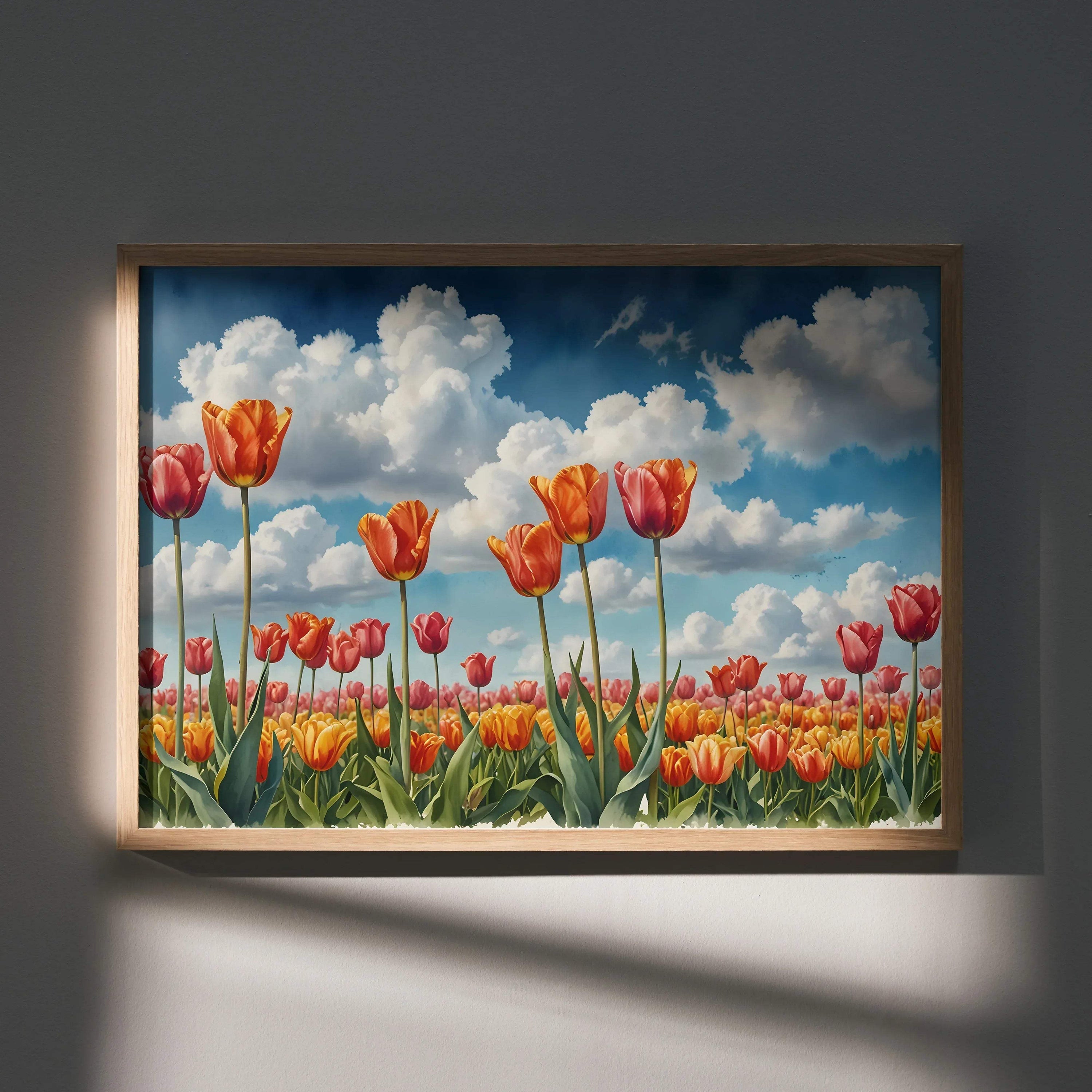 Vibrant watercolor floral poster with red and orange tulips under a blue sky with white clouds, wall art print.
