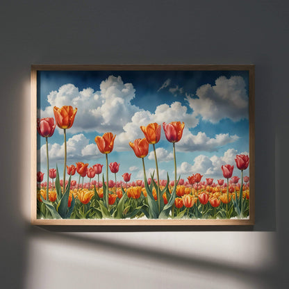 Vibrant watercolor floral poster with red and orange tulips under a blue sky with white clouds, wall art print.