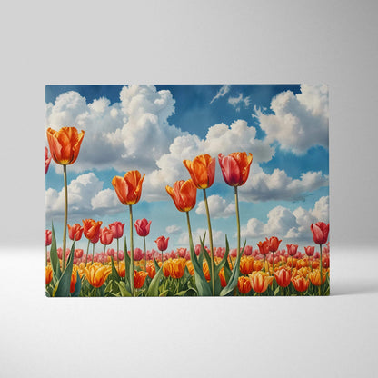 Canvas wall art featuring vibrant orange and red tulips under a blue sky with fluffy white clouds.