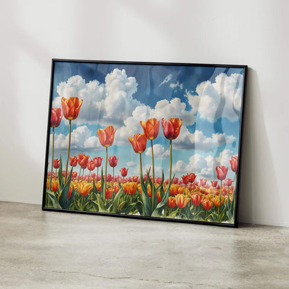 Colorful watercolor floral poster with tulips and blue sky, vibrant nature wall art.