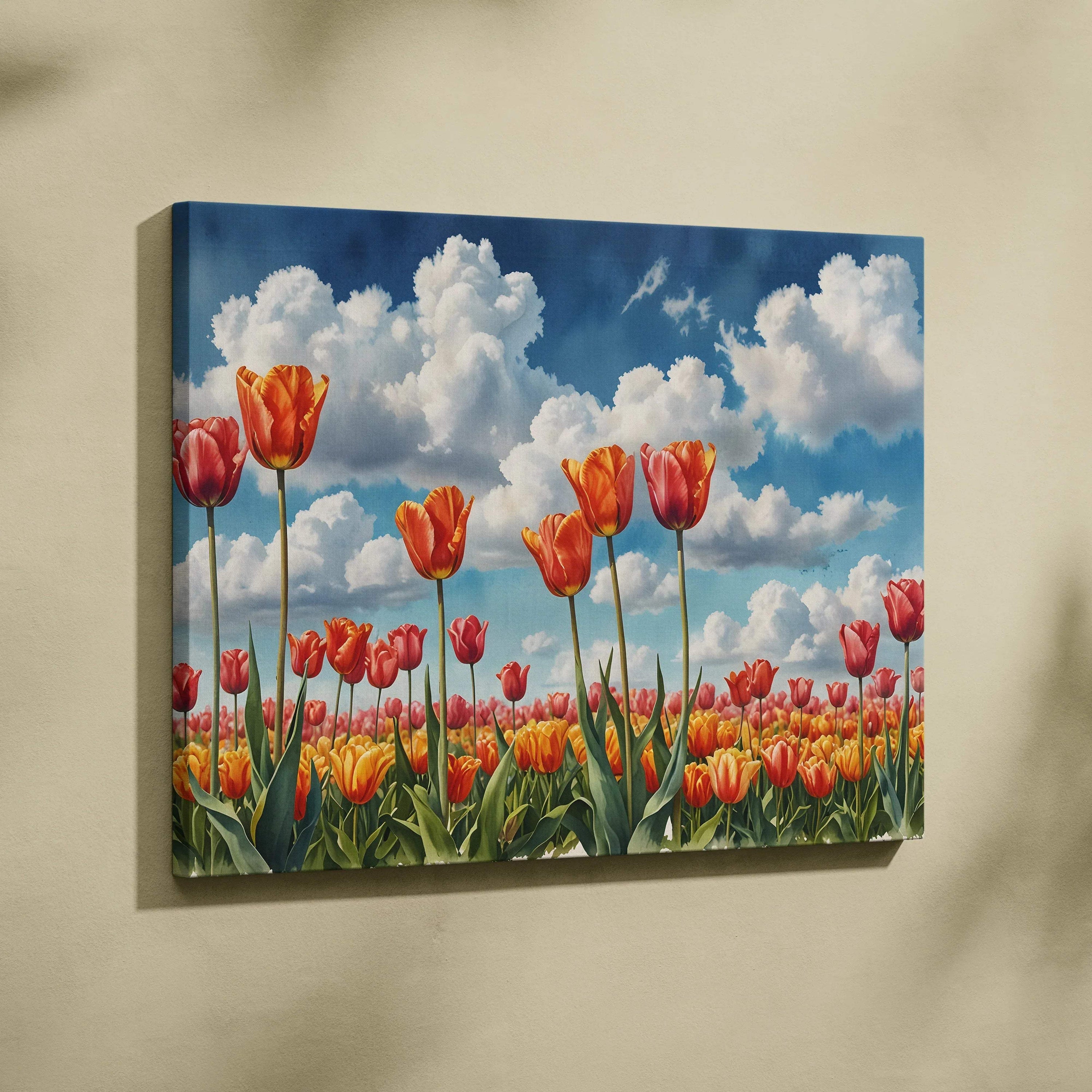 Canvas wall art featuring vibrant orange and red tulips under a bright blue sky with fluffy white clouds.