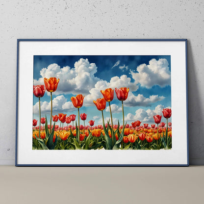Vibrant watercolor floral poster featuring orange tulips against a bright blue sky with white clouds wall art.
