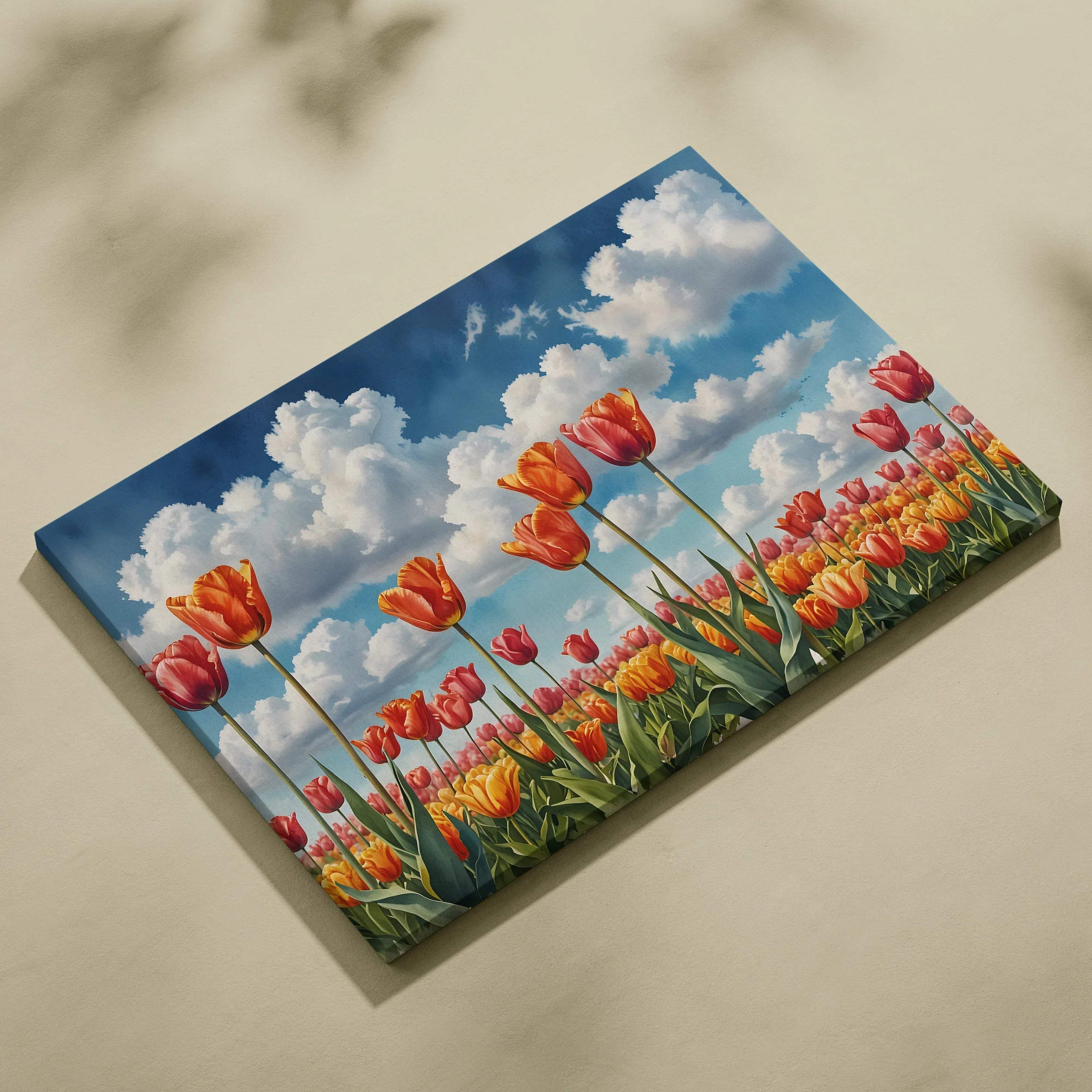Vibrant watercolor floral nature canvas wall art with red tulips under a blue sky and clouds.