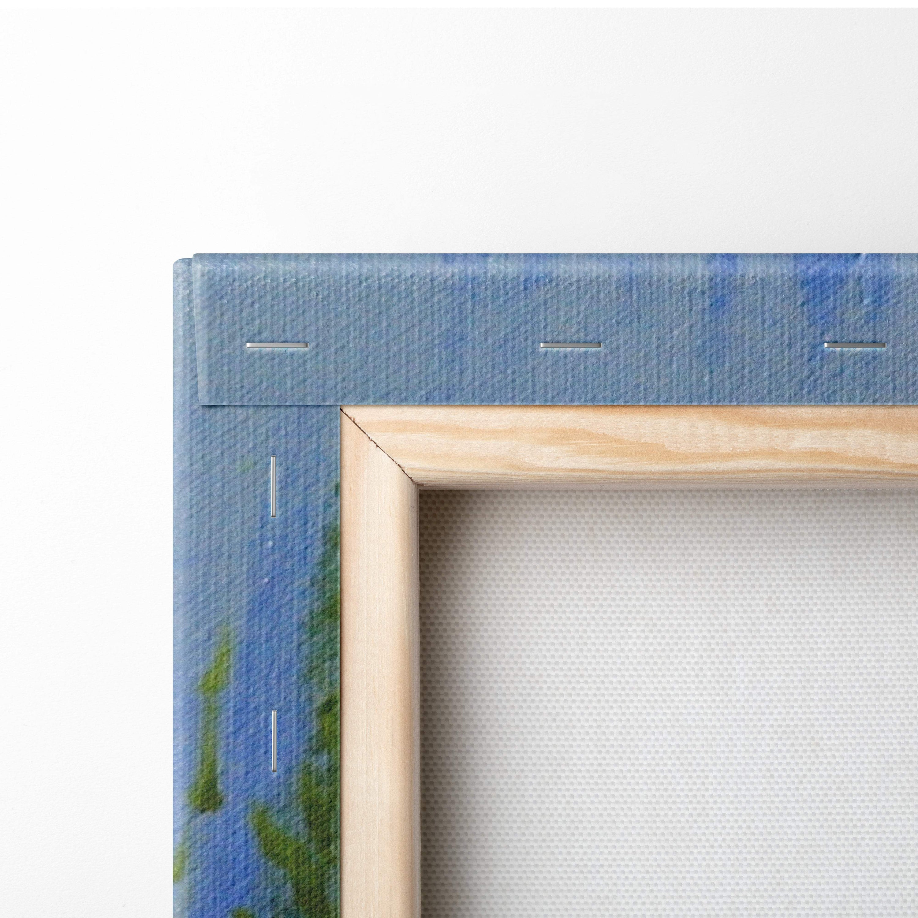Light wood frame with blue canvas backing and visible stitching for wildflower meadow impressionist floral wall art