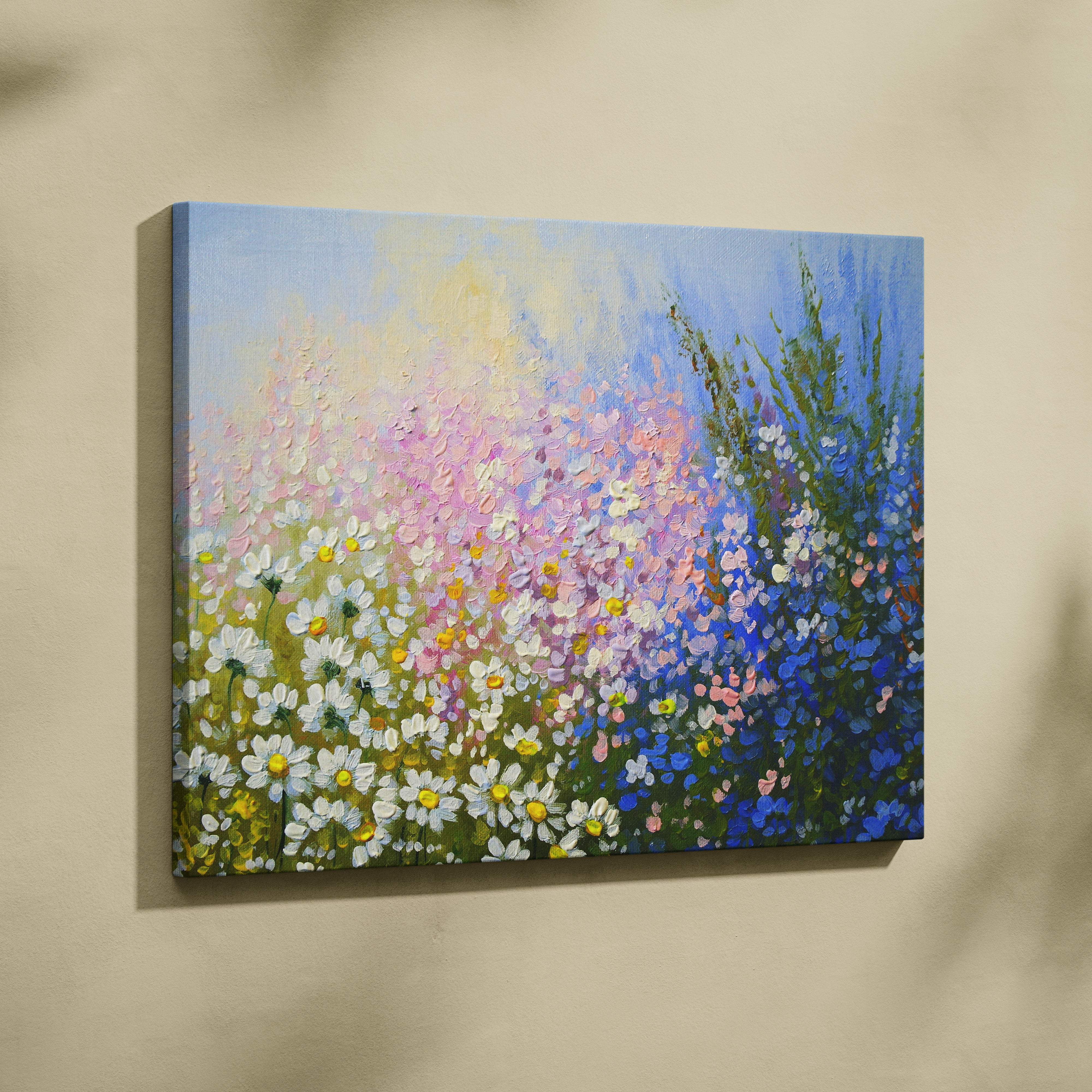 A vibrant impasto canvas painting of a wildflower meadow with soft pinks blues and white daisies with yellow centers
