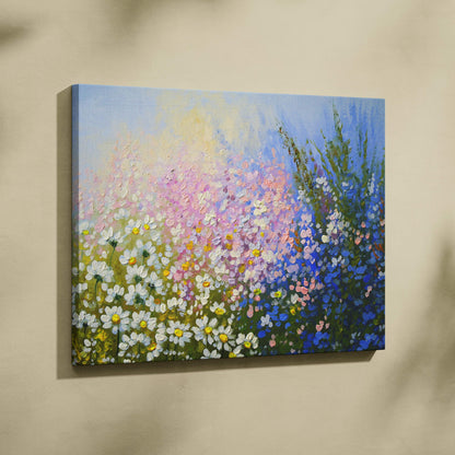 A vibrant impasto canvas painting of a wildflower meadow with soft pinks blues and white daisies with yellow centers