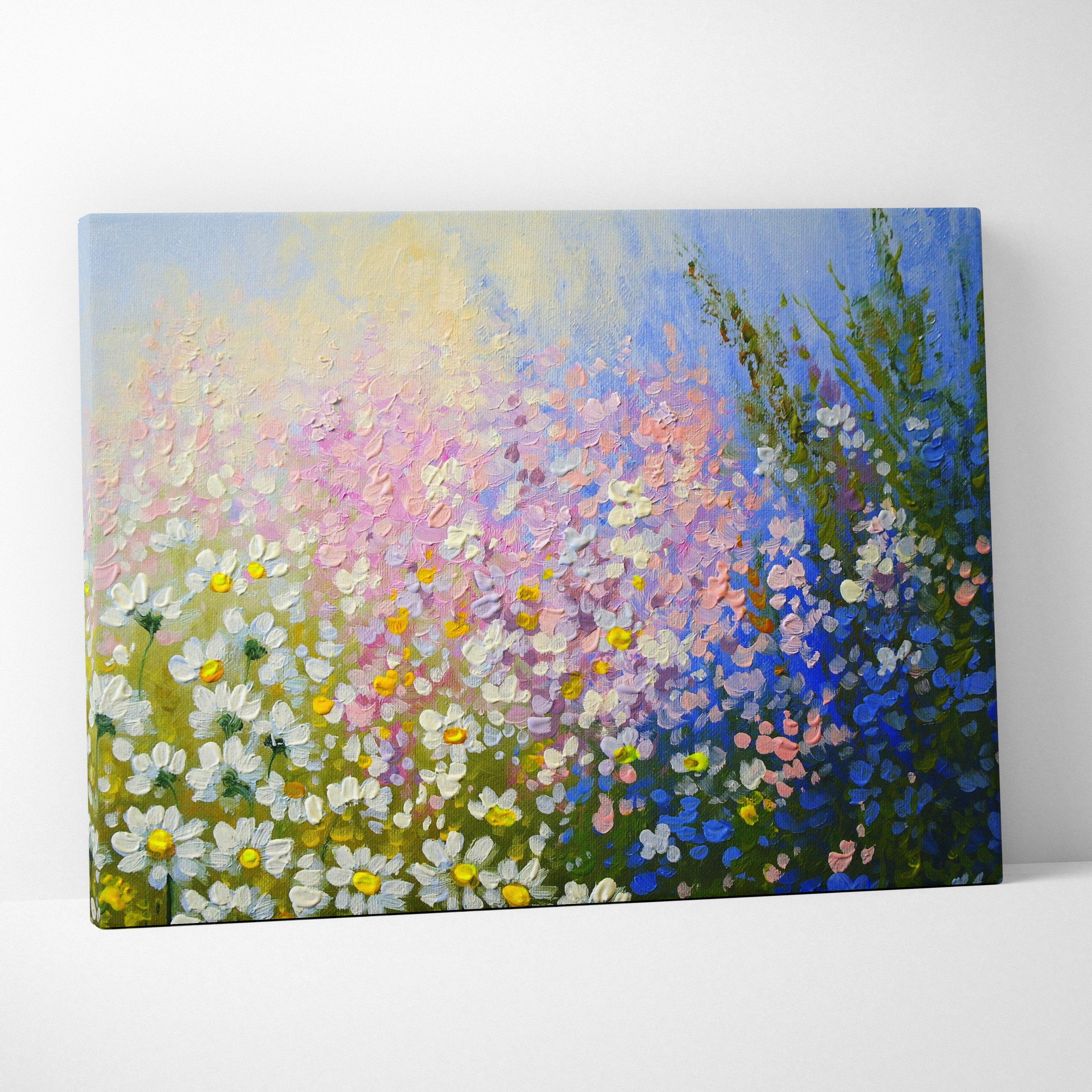A vibrant canvas painting of a wildflower meadow with white daisies pink and purple wildflowers and blue blossoms