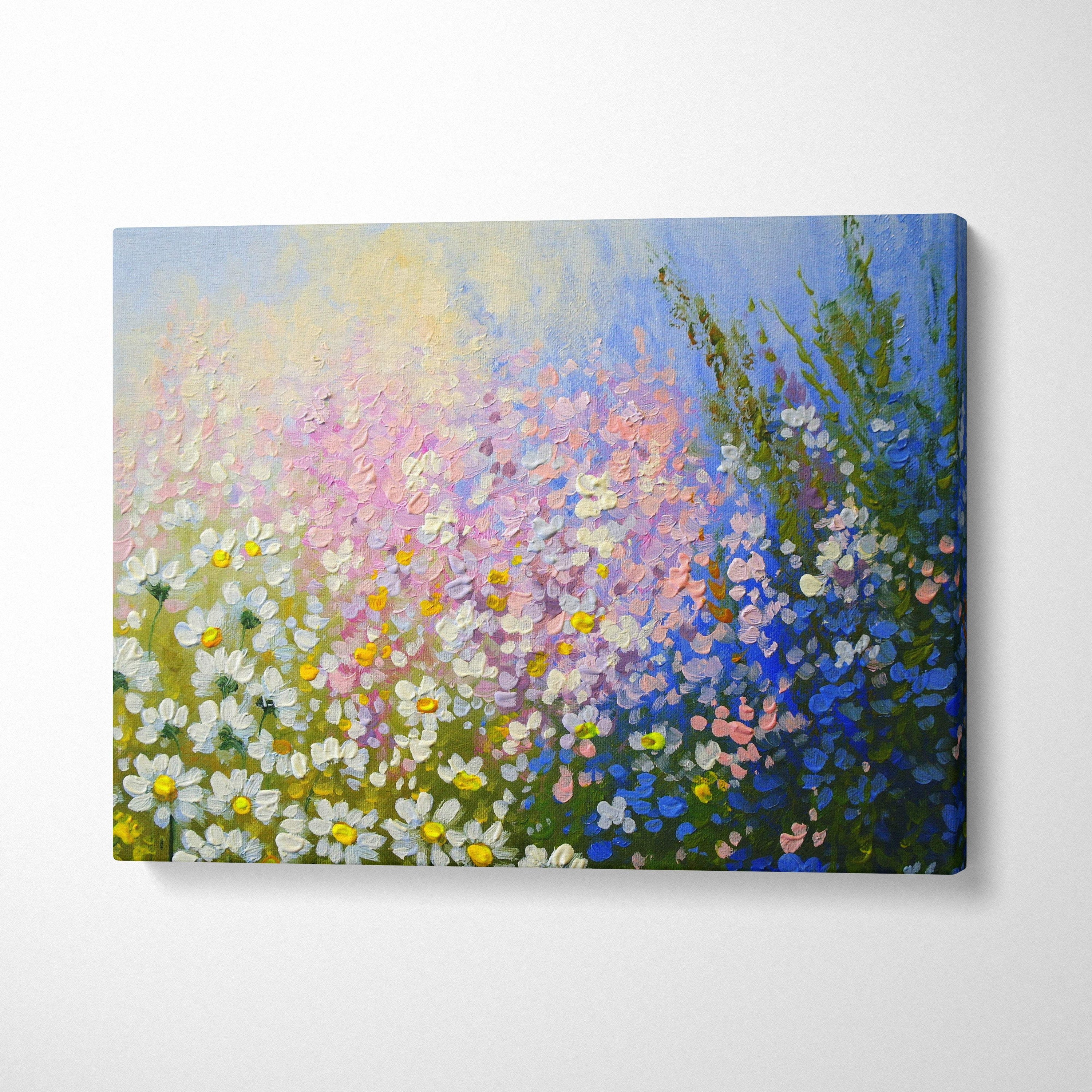 A vibrant impressionist canvas painting of a wildflower meadow with white daisies pink and blue blossoms under a soft sky
